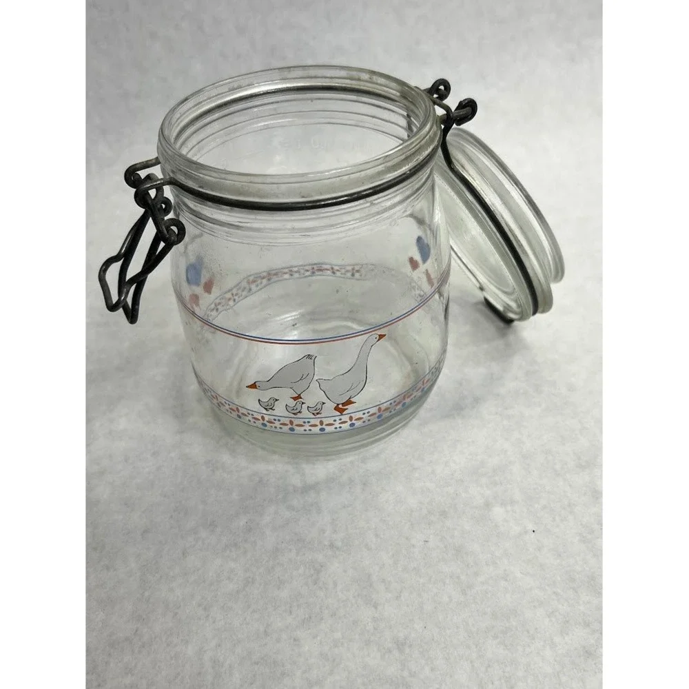 Vintage Arc France Glass Canister Country Goose Hearts Wire Bail Lid Jar 315
